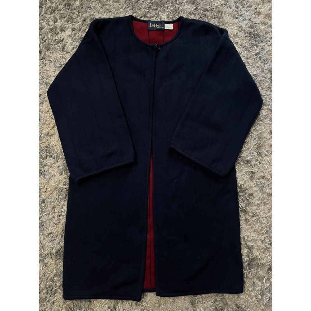 Vintage Le Roy Blue Red Sweater Jacket Cape Sz L 100% Lambs Wool VTG